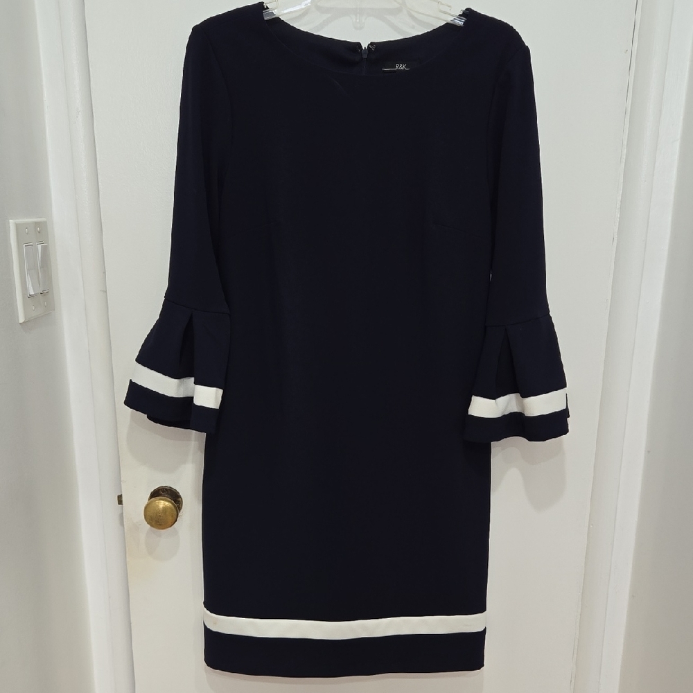 R&K Navy Dress with White Trim 3/4 Ruffled Hem Sleeves